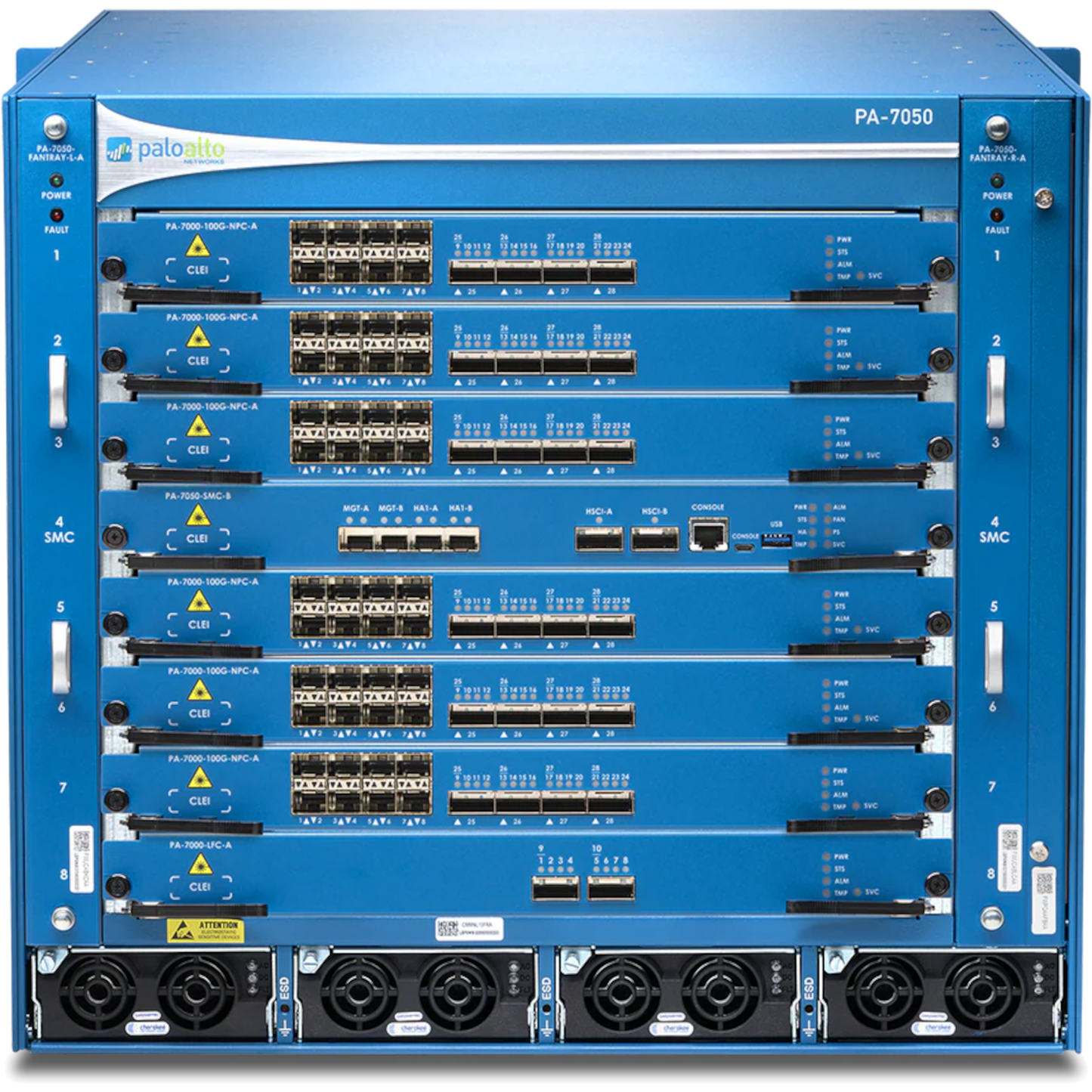 PA-7050 Base AC Hardware Bundle. Includes AC Chassis, 4xAC power supplies, 2xFan Trays, Fan Filter, Switch Management Card, and Logging Card.