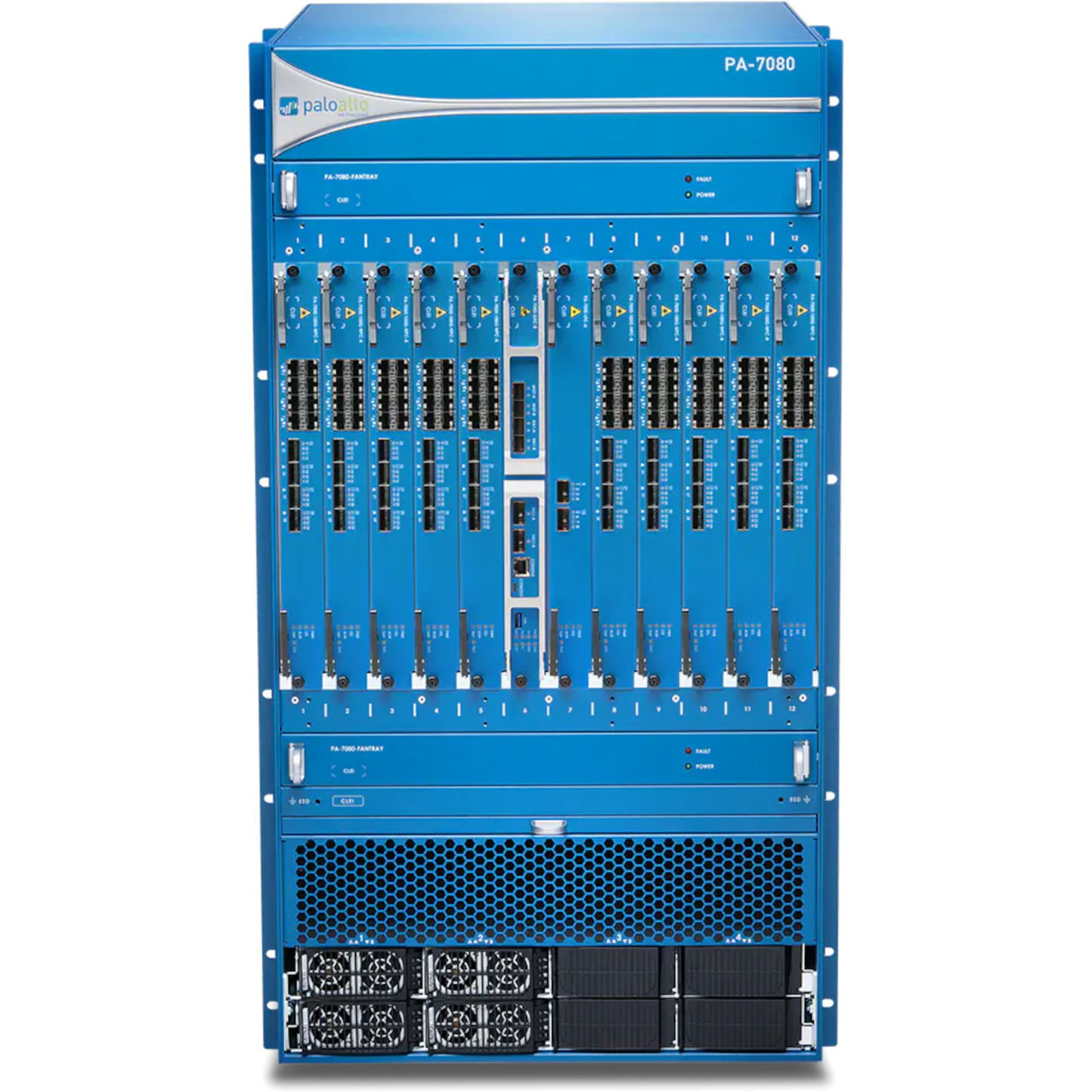 PA-7080 Base DC Hardware Bundle. Includes DC Chassis, 4xDC power supplies, 2xFan Trays, Fan Filter, Switch Management Card, and Logging Card.